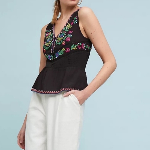 Maeve Tops - Maeve black sleeveless floral embroidery  top Size S